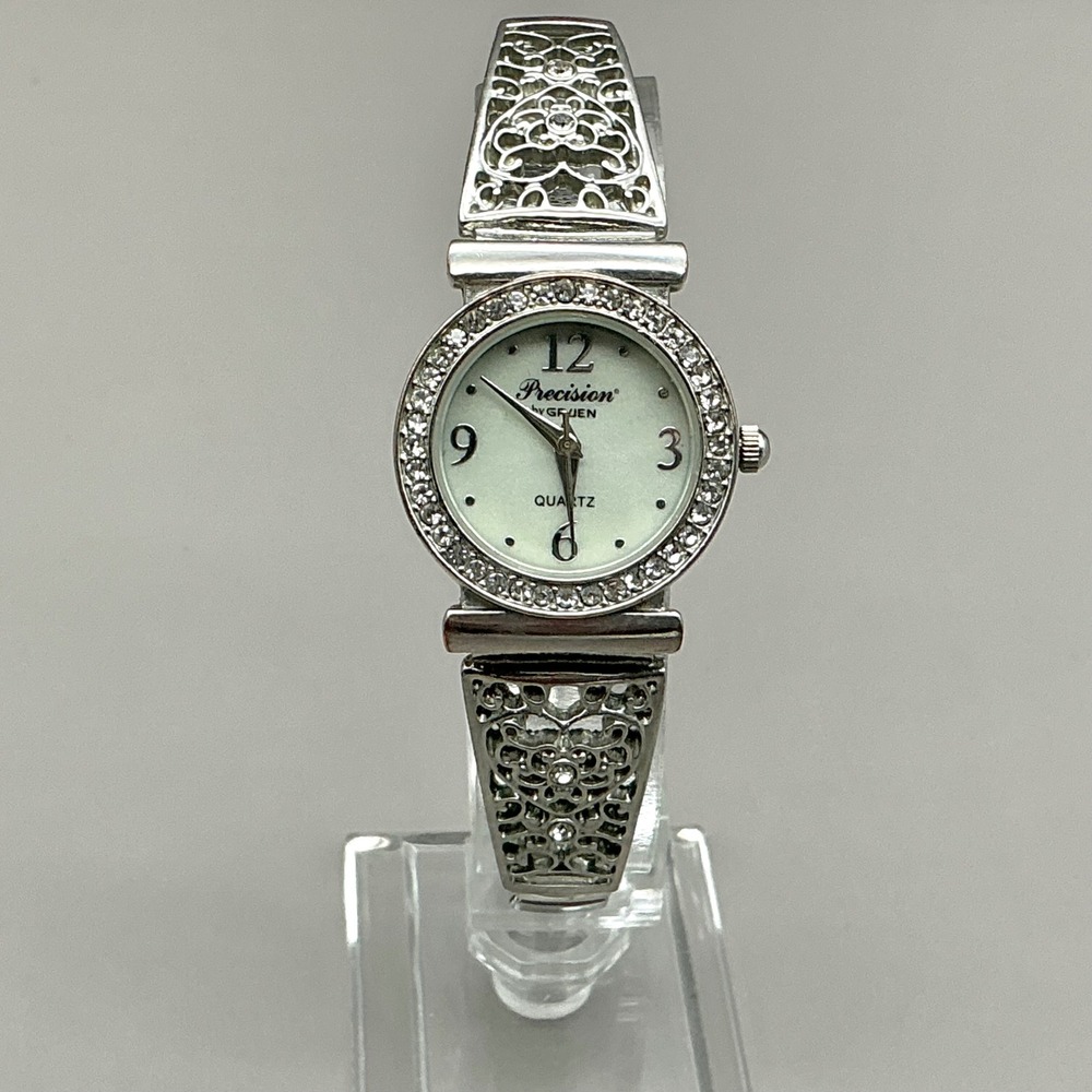 Precision by Gruen Watch Womens Silver Rhinestone Filigree 28mm 6" NEW BATTERY